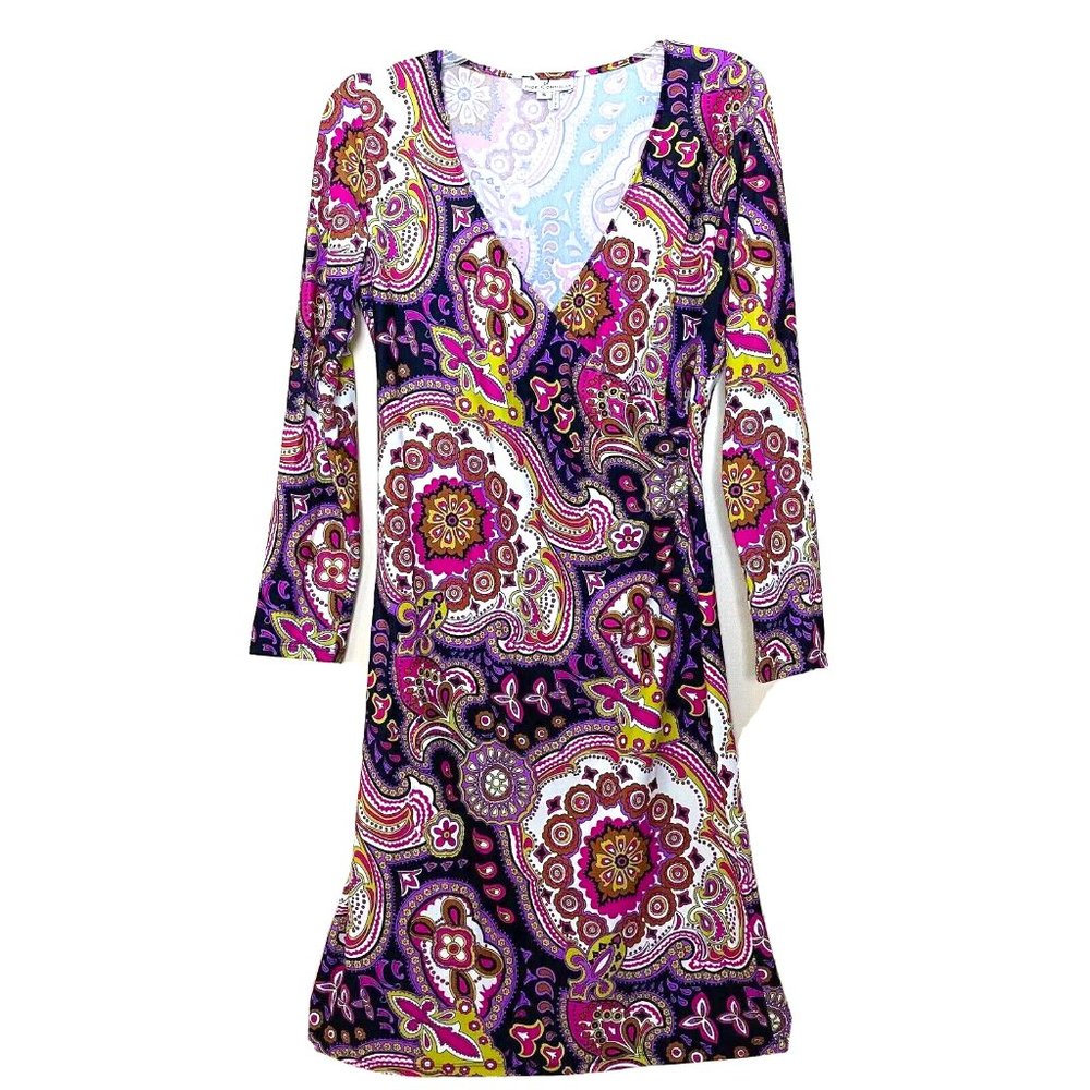 Jude Connally Diane Paisley Faux Wrap Dress Small Long Sleeves Retro Groovy 70's